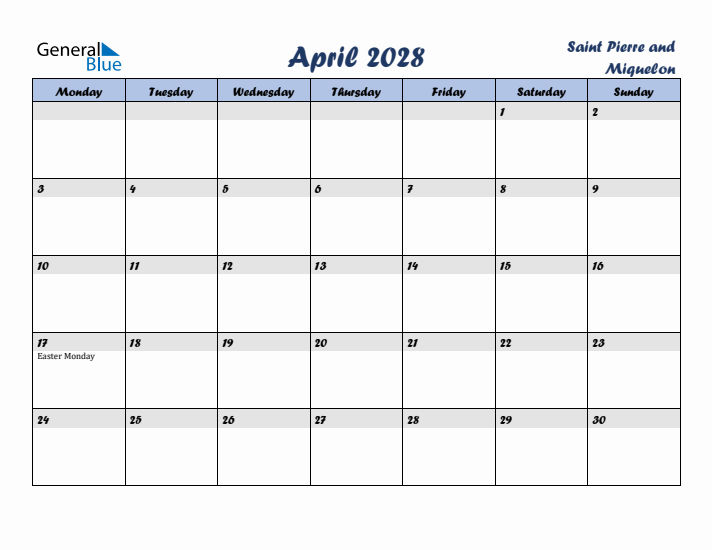 April 2028 Calendar with Holidays in Saint Pierre and Miquelon