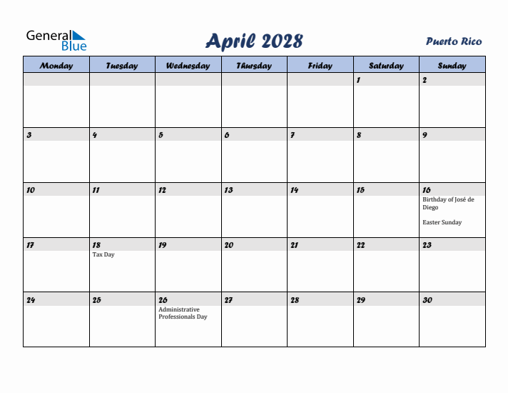 April 2028 Calendar with Holidays in Puerto Rico
