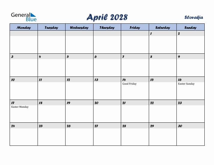 April 2028 Calendar with Holidays in Slovakia