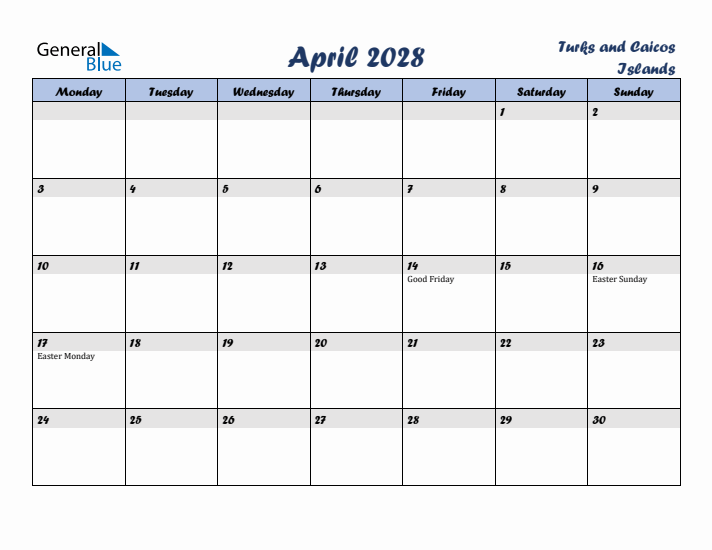 April 2028 Calendar with Holidays in Turks and Caicos Islands