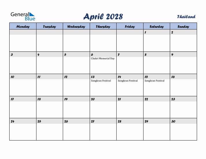 April 2028 Calendar with Holidays in Thailand