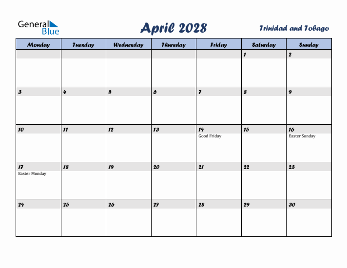April 2028 Calendar with Holidays in Trinidad and Tobago