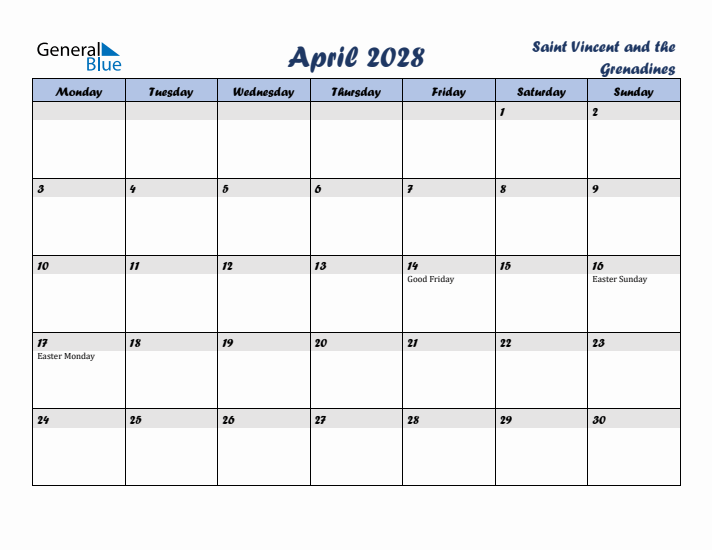 April 2028 Calendar with Holidays in Saint Vincent and the Grenadines