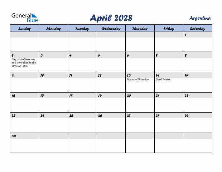 April 2028 Calendar with Holidays in Argentina