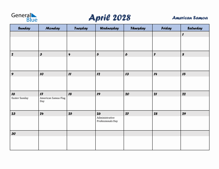 April 2028 Calendar with Holidays in American Samoa