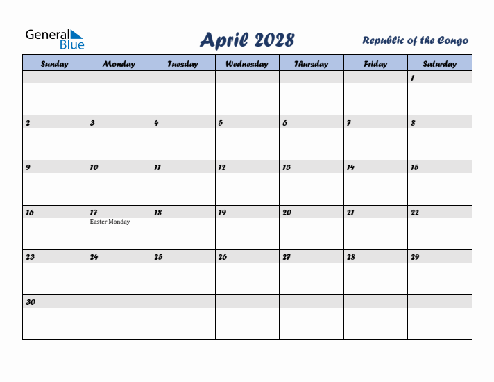 April 2028 Calendar with Holidays in Republic of the Congo