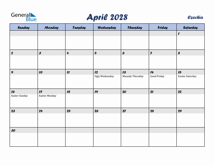 April 2028 Calendar with Holidays in Czechia