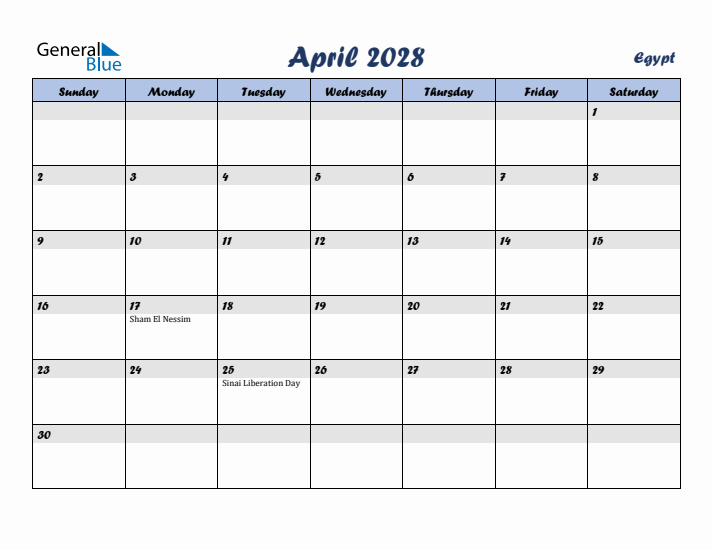 April 2028 Calendar with Holidays in Egypt