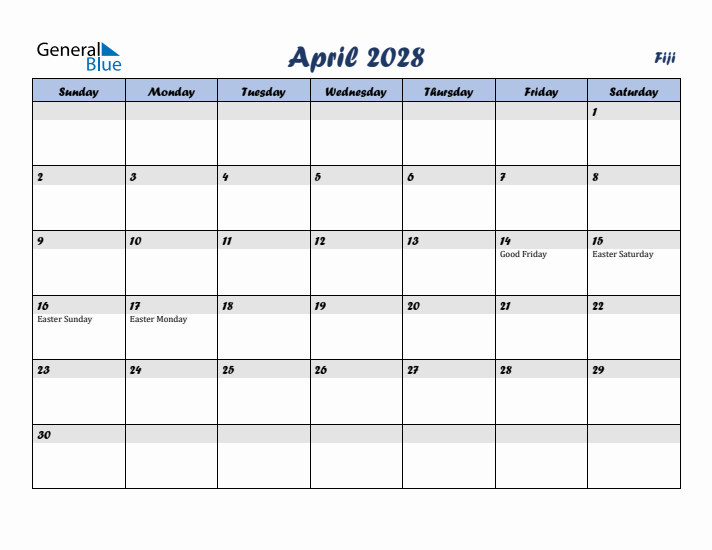 April 2028 Calendar with Holidays in Fiji