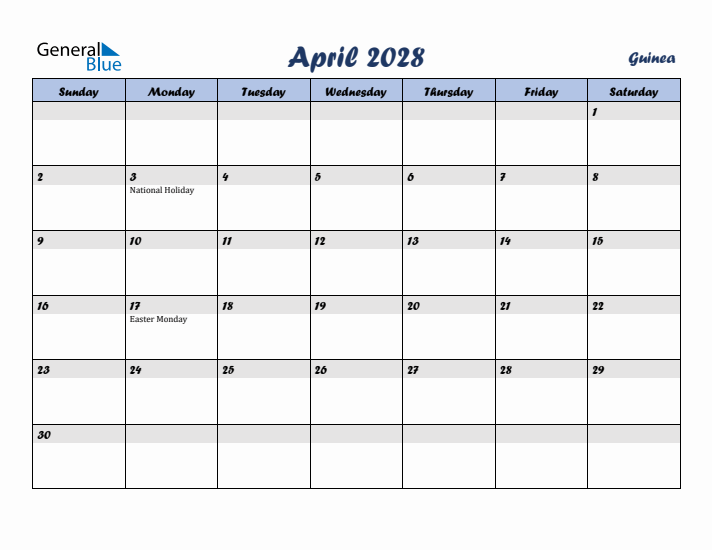 April 2028 Calendar with Holidays in Guinea