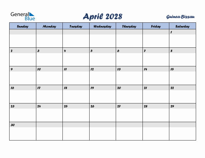 April 2028 Calendar with Holidays in Guinea-Bissau