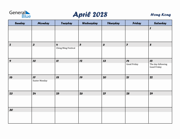 April 2028 Calendar with Holidays in Hong Kong