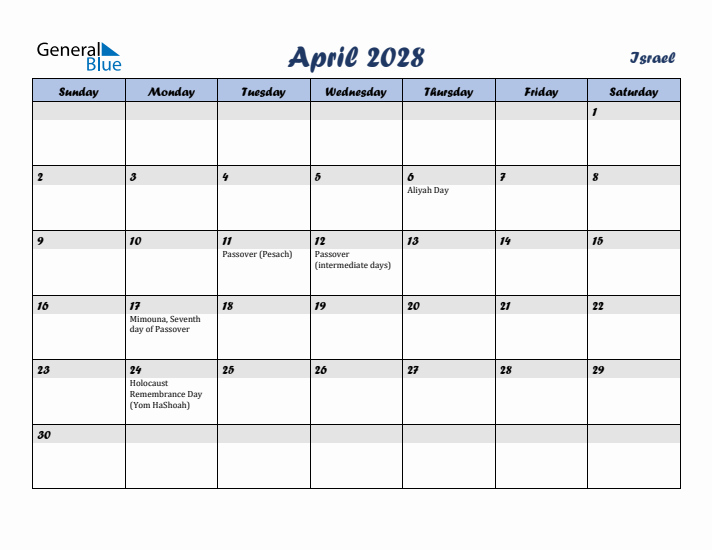April 2028 Calendar with Holidays in Israel