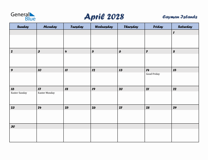 April 2028 Calendar with Holidays in Cayman Islands