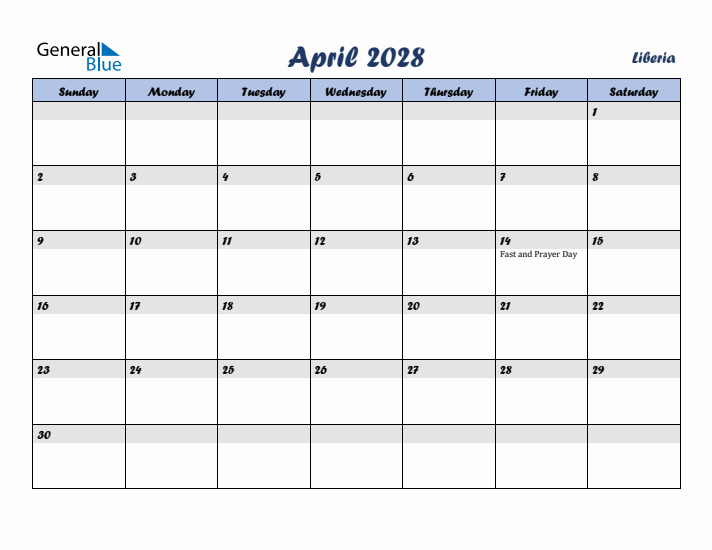 April 2028 Calendar with Holidays in Liberia