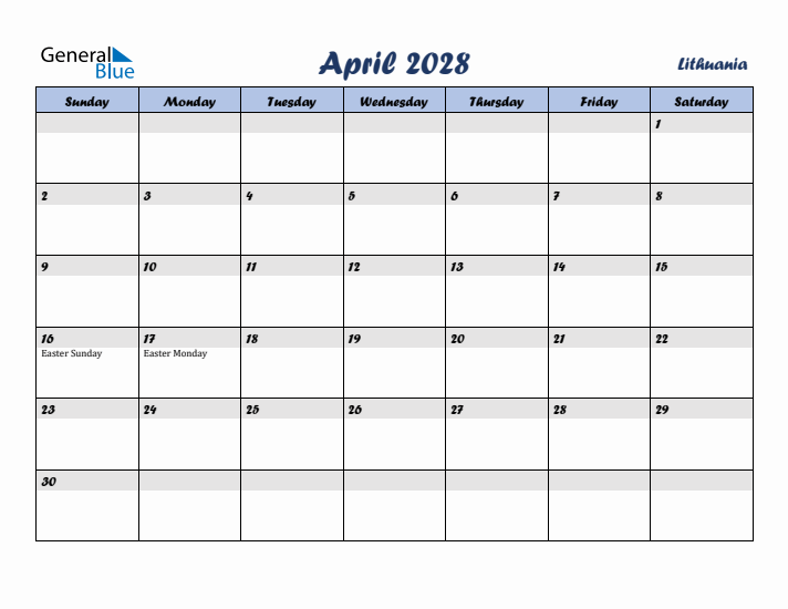 April 2028 Calendar with Holidays in Lithuania
