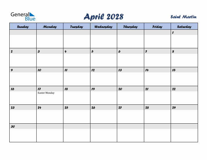 April 2028 Calendar with Holidays in Saint Martin