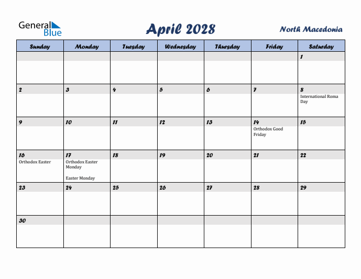 April 2028 Calendar with Holidays in North Macedonia