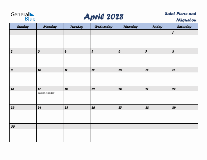 April 2028 Calendar with Holidays in Saint Pierre and Miquelon