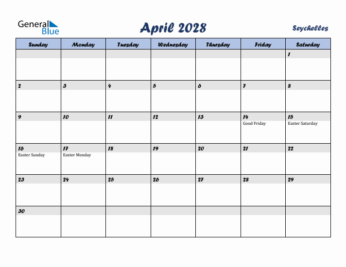 April 2028 Calendar with Holidays in Seychelles