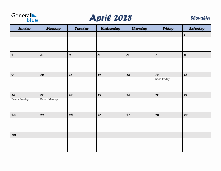April 2028 Calendar with Holidays in Slovakia