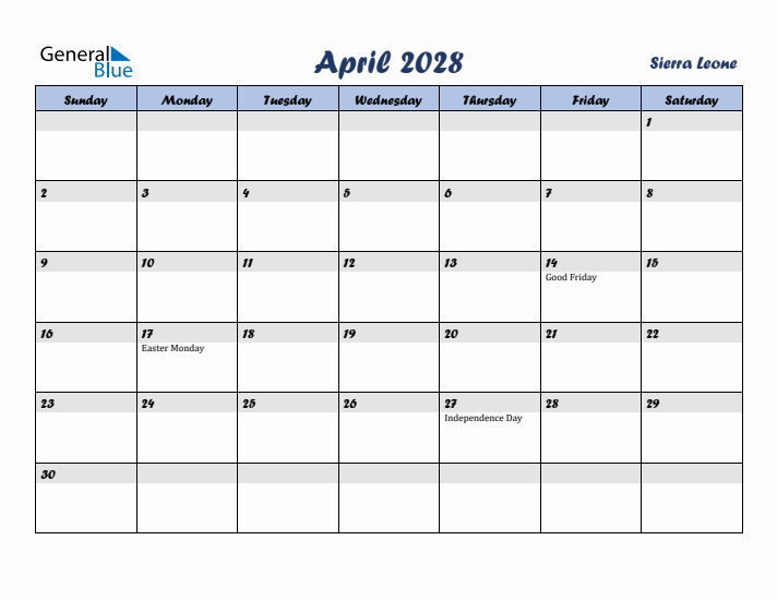 April 2028 Calendar with Holidays in Sierra Leone