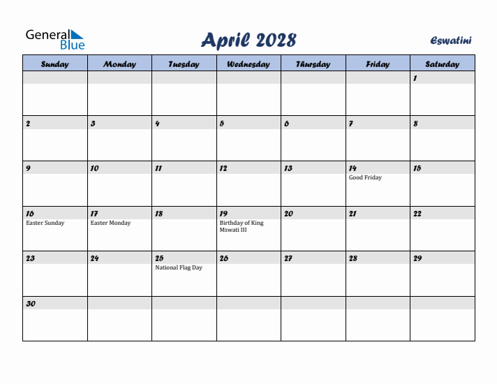 April 2028 Calendar with Holidays in Eswatini