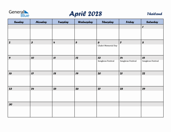 April 2028 Calendar with Holidays in Thailand