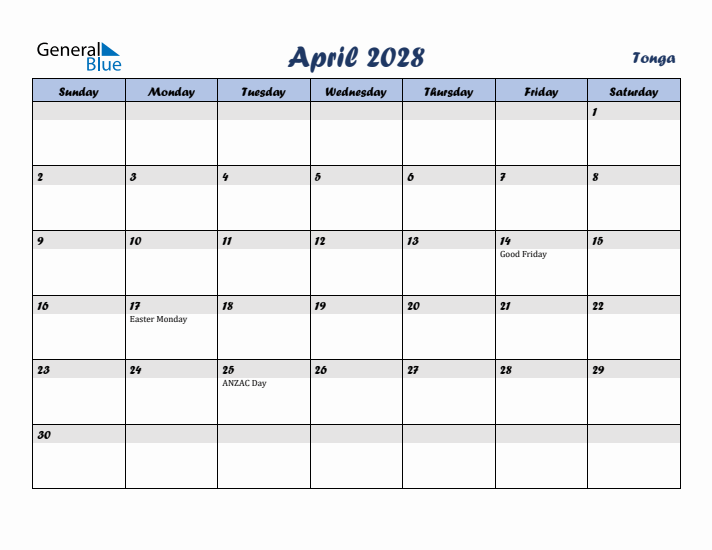 April 2028 Calendar with Holidays in Tonga