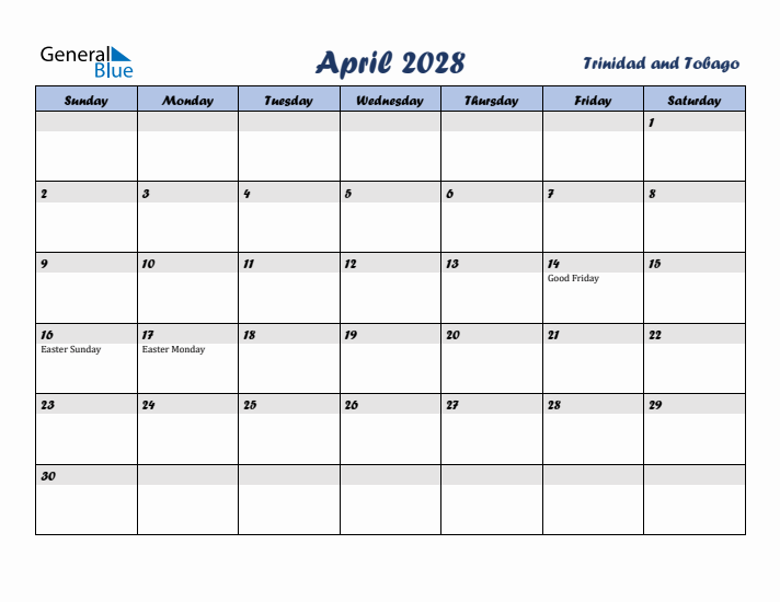 April 2028 Calendar with Holidays in Trinidad and Tobago