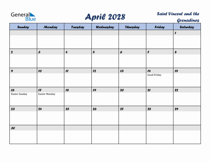 April 2028 Calendar with Holidays in Saint Vincent and the Grenadines