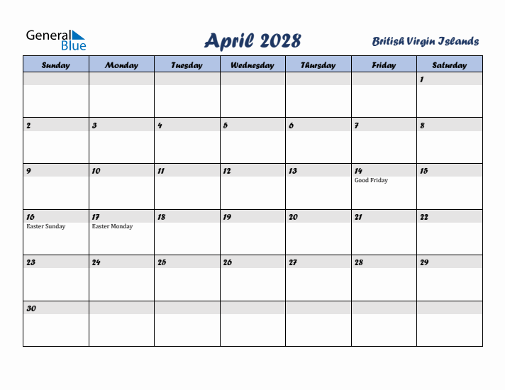 April 2028 Calendar with Holidays in British Virgin Islands