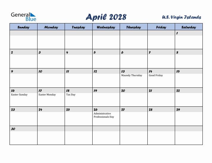 April 2028 Calendar with Holidays in U.S. Virgin Islands