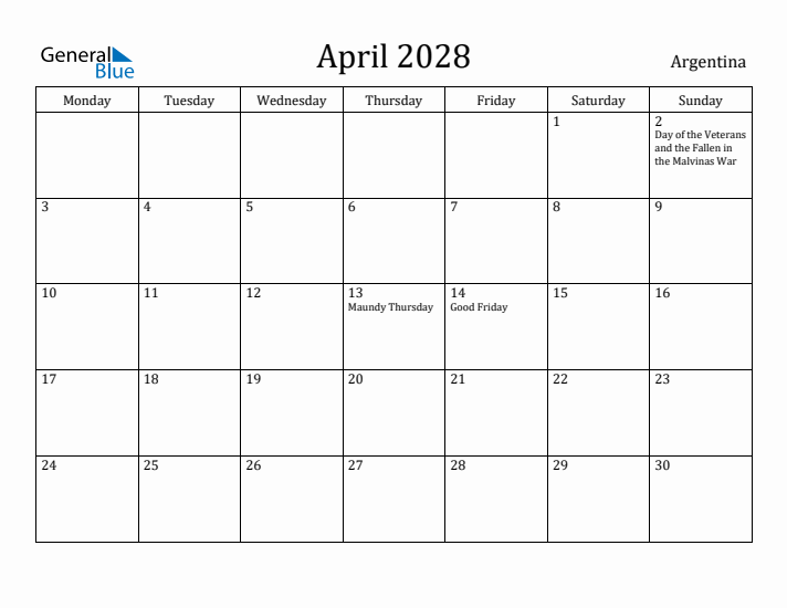 April 2028 Calendar Argentina
