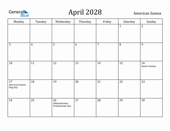 April 2028 Calendar American Samoa