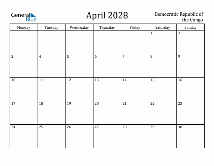 April 2028 Calendar Democratic Republic of the Congo