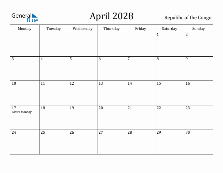 April 2028 Calendar Republic of the Congo