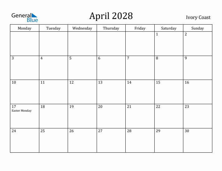 April 2028 Calendar Ivory Coast
