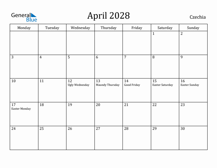 April 2028 Calendar Czechia