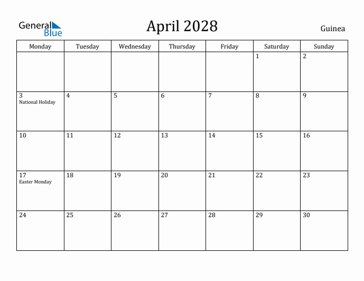 April 2028 Calendar Guinea