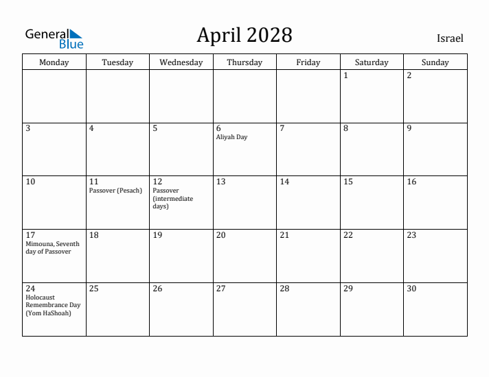 April 2028 Calendar Israel