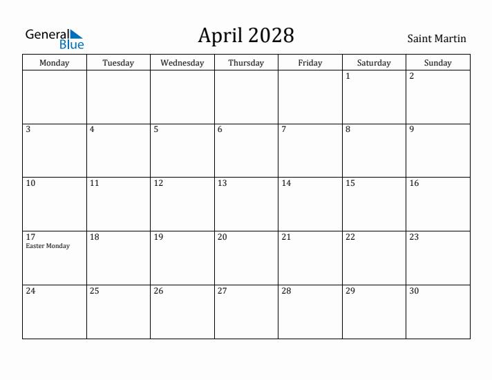 April 2028 Calendar Saint Martin