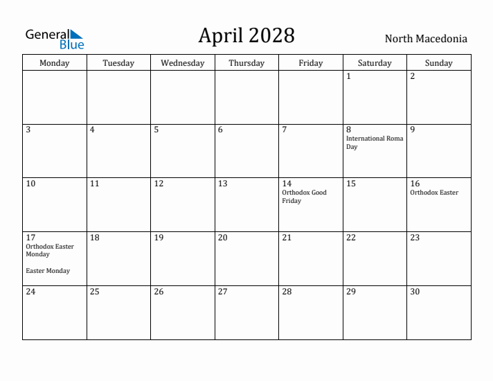April 2028 Calendar North Macedonia
