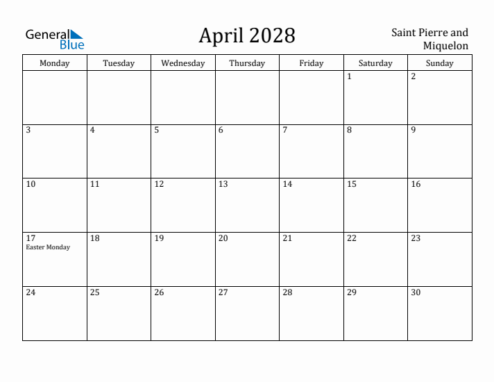 April 2028 Calendar Saint Pierre and Miquelon
