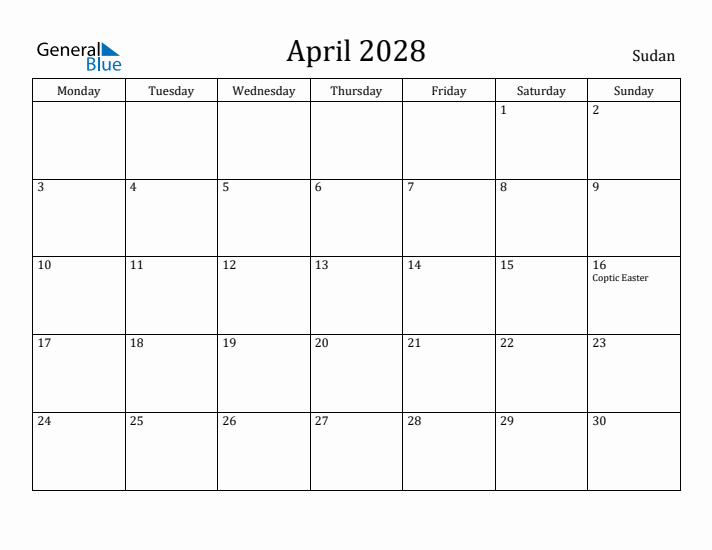 April 2028 Calendar Sudan