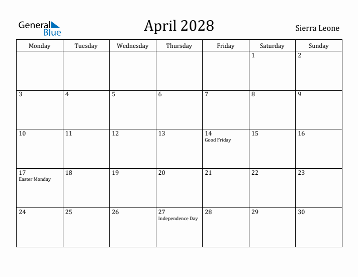 April 2028 Calendar Sierra Leone