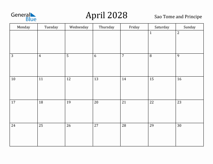 April 2028 Calendar Sao Tome and Principe