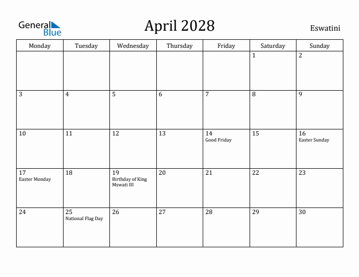 April 2028 Calendar Eswatini