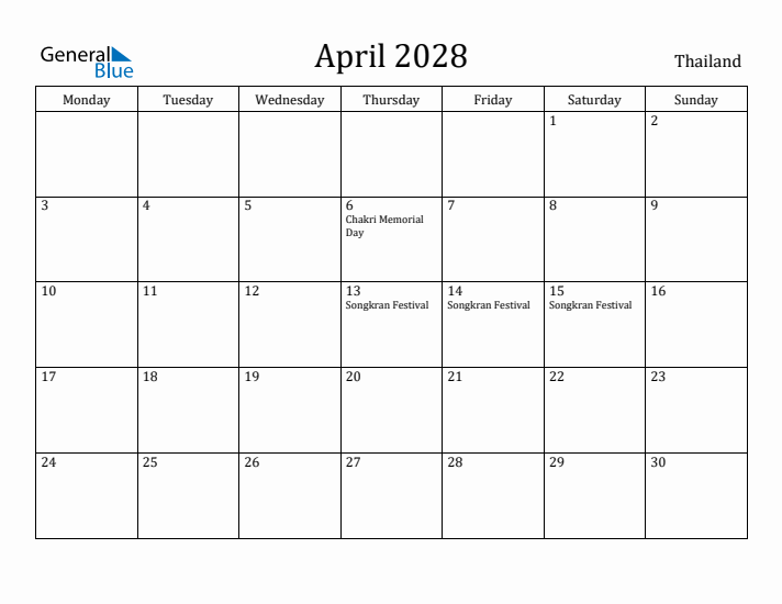 April 2028 Calendar Thailand