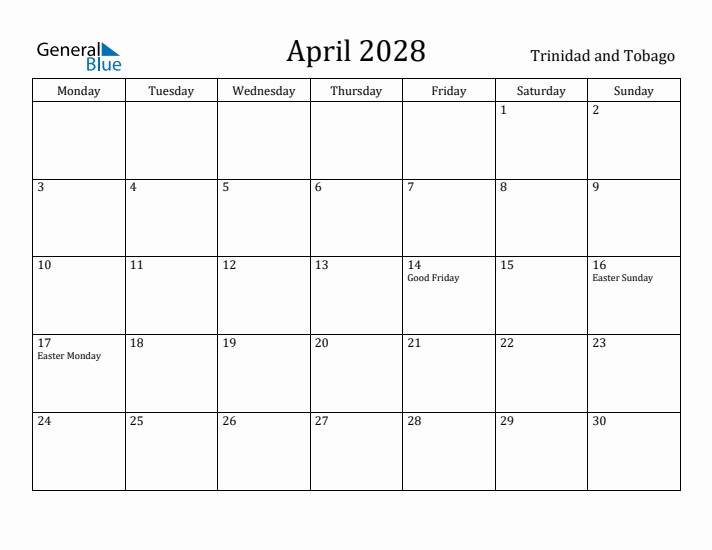 April 2028 Calendar Trinidad and Tobago